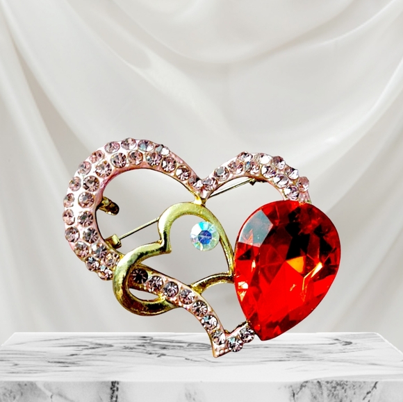 Jewelry - Crystal Heart Brooch with Red Teardrop Gem